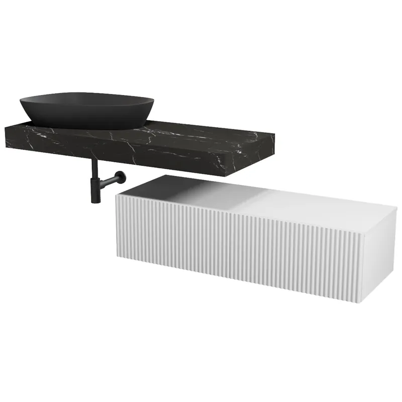 Nábytkový set Cersanit Kontra 180, skříňka 60 pod desku bílá 2x, deska 120 nábytková bílá, deska 120 pod umyvadlo černý mramor, umyvadlo Kontra 60 na desku nepravidelné antracitové, sifon Inverto černý kulatý, výpust umyvadlová antracitová Betaalbaar