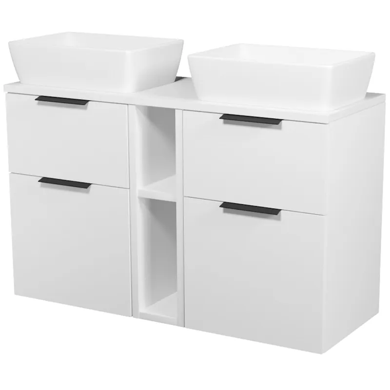 Skříňka Cersanit City 50 pod desku bílá 2x, skříńka 20 pod desku otevřená bílá, deska 120 horní bílá, umyvadlo City 50 na desku obdélníkové bílé 2x, úchytky černé Beperkte Voorraad