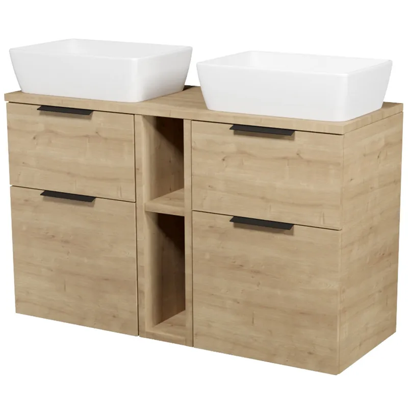 Skříňka Cersanit City 50 pod desku dub 2x, skříńka 20 pod desku otevřená dub, deska 120 horní dub, umyvadlo City 50 na desku obdélníkové bílé 2x, úchytky černé Beste Prijs