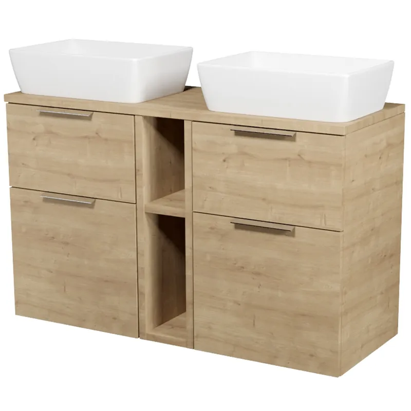Skříňka Cersanit City 50 pod desku dub 2x, skříńka 20 pod desku otevřená dub, deska 120 horní dub, umyvadlo City 50 na desku obdélníkové bílé 2x, úchytky chrom Koop Online