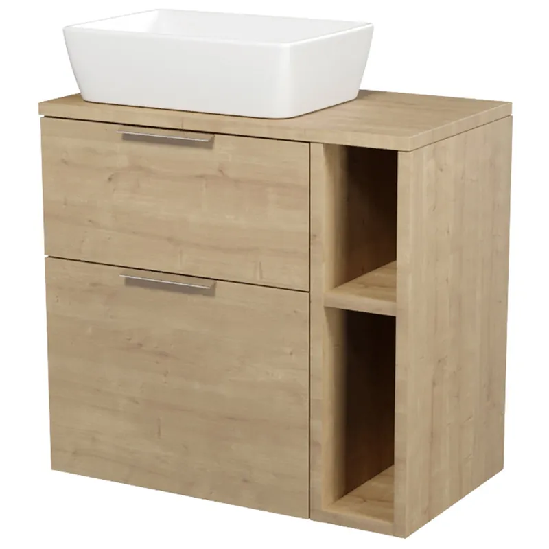 Skříňka Cersanit City 60 pod desku dub, skříňka 20 pod desku otevřená dub, deska 80 horní dub, umyvadlo City 60 na desku obdélníkové bílé, úchytky chrom Uitverkoop