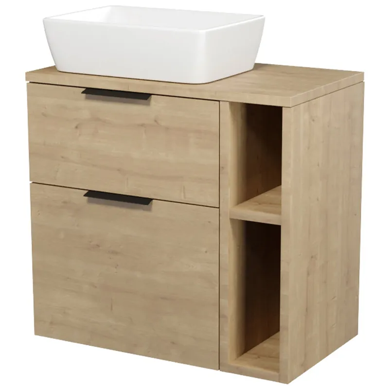 Skříňka Cersanit City 60 pod desku dub, skříňka 20 pod desku otevřená dub, deska 80 horní dub, umyvadlo City 60 na desku obdélníkové bílé, úchytky černé Alleen Vandaag