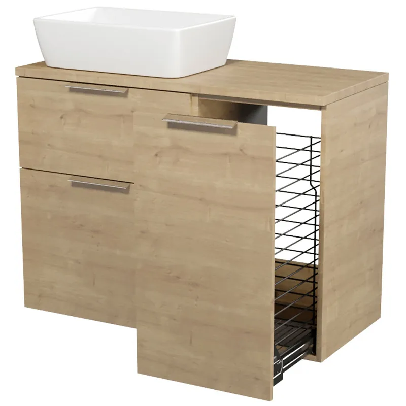 Skříňka Cersanit City 60 pod desku dub, skříňka 40 pod desku s košem na prádlo dub, deska 100 horní dub, umyvadlo City 60 na desku obdélníkové bílé, úchytky chrom Laatste Kans