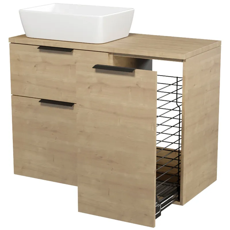 Skříňka Cersanit City 60 pod desku dub, skříňka 40 pod desku s košem na prádlo dub, deska 100 horní dub, umyvadlo City 60 na desku obdélníkové bílé, úchytky černé Direct Verzonden