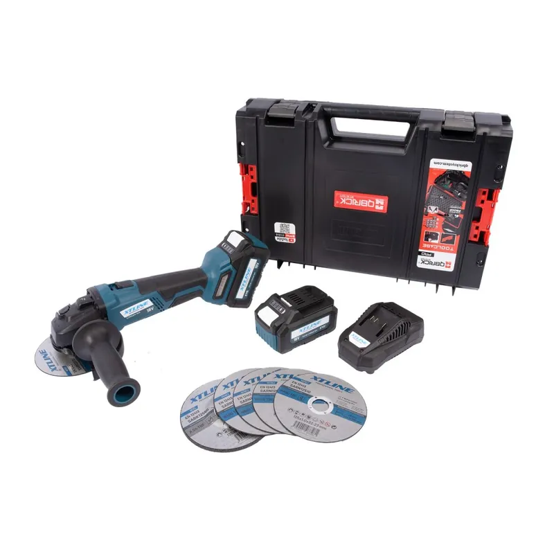XTLINE Aku úhlová bruska bezuhlíková 18 V, 125 mm + kotouče + 2 baterie 5.0 Ah + nabíječka 3.5 A + box Shop Nu