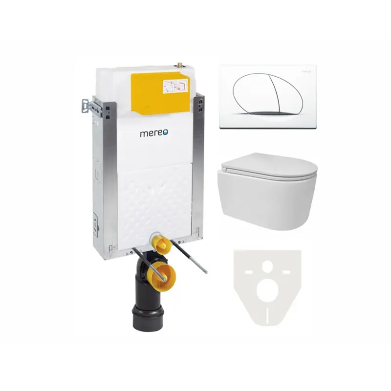 Aanbieding WC komplet pro zazdění Mereo MM01SETRA s designovým závěsným klozetem se splachováním RIMLESS – sedátko, tlačítko a zvuková izolace