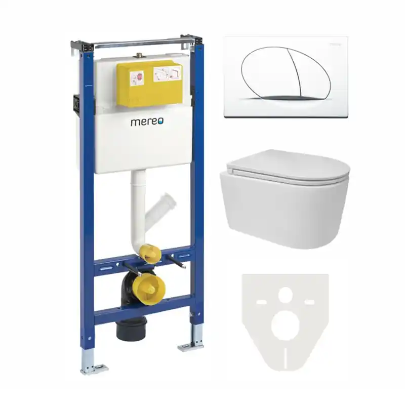 Závěsný WC set Mereo MM02SETRA - modul pro sádrokarton, WC mísa se splachováním Rimless, sedátko, tlačítko, izolace Laatste Versie