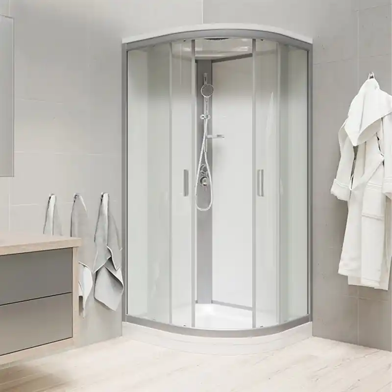 Merkproduct Čtvrtkruhový sprchový box 100 × 100 cm se stříškou a talířovou sprchou, satin ALU profily, bezpečnostní sklo Point 5 / 4 mm, bílá zadní stěna, litá vanička s nožičkami a čelním panelem