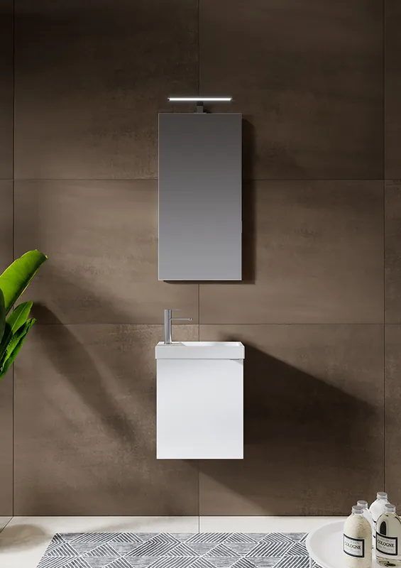 Designová sestava malého umyvadla se skříňkou na WC Riho PORTO FOUNTAIN 40 x 23 cm. Skříňka s umývátkem, zrcadlo + LED světlo, lesklá bílá Beperkte Voorraad
