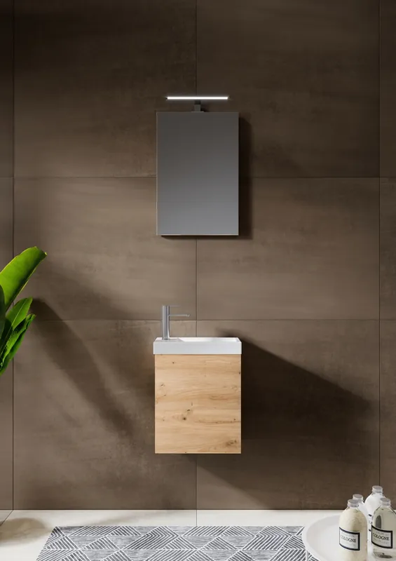 Designová sestava malé umyvadlové skříňky na WC – Riho PORTO FOUNTAIN 40×23 cm, zrcadlo + LED osvětlení, přírodní dub / Natural Oak Laatste Kans