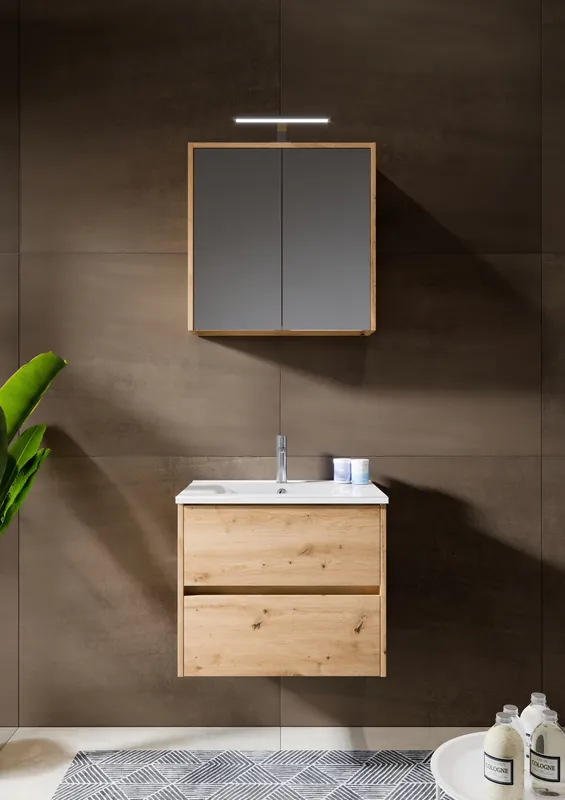 Laatste Kans Koupelnový set 60 cm od firmy RIHO – skříňka s keramickým umyvadlem WAVE, zrcadlová skříňka, LED osvětlení, dekor dub natural