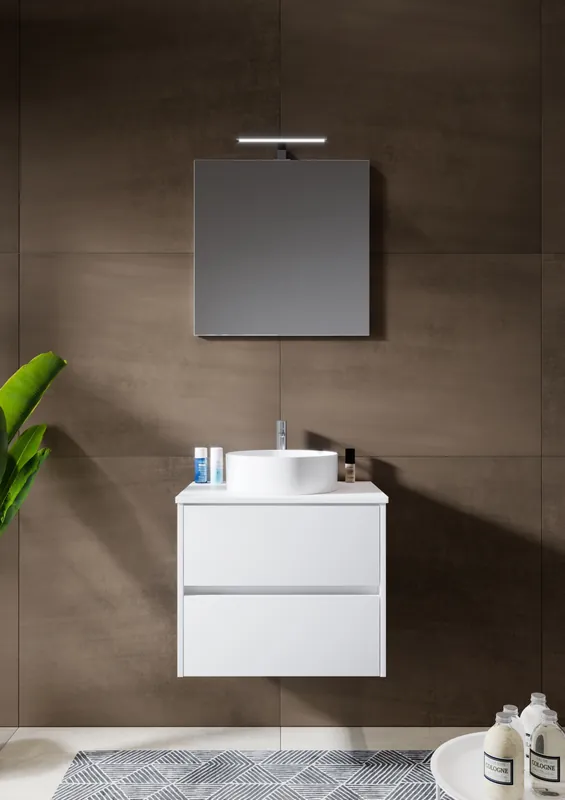 Nu Kopen Koupelnová sestava Riho PORTO 60 cm bílá – skříňka s keramickým umyvadlem na desku BOWL, zrcadlo a LED osvětlení